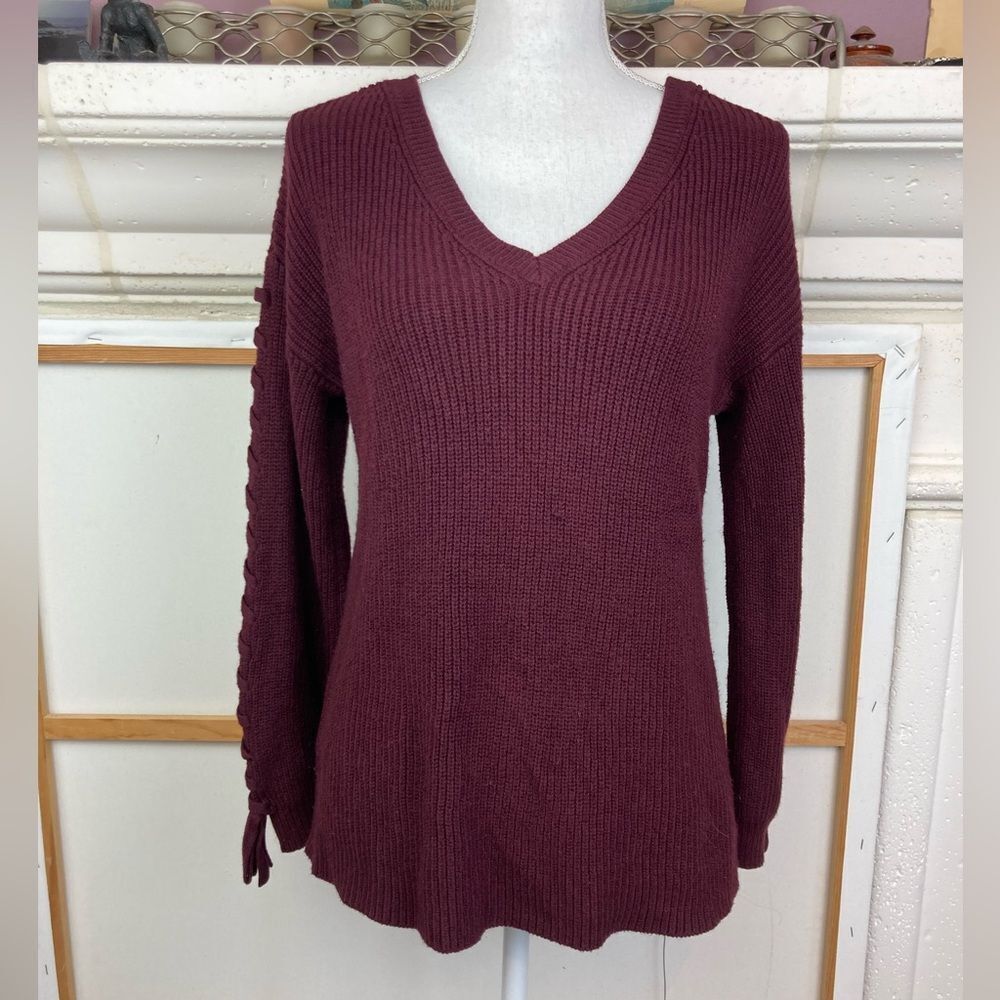 American Eagle Outfitters V neck Maroon Knit Sweater w/braided lacing on sleeves